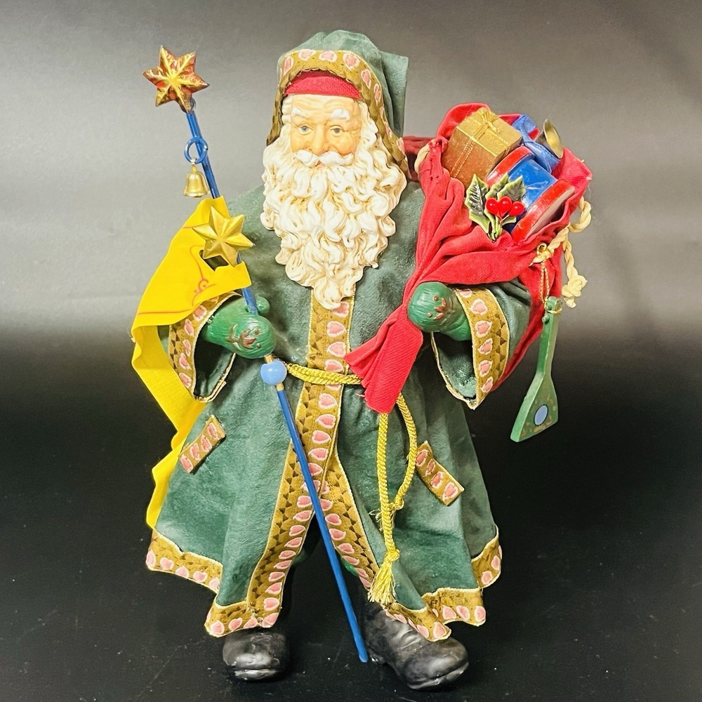 Old World Santa Claus Figurine Green Robe Father Christmas Staff 10.5 Inch